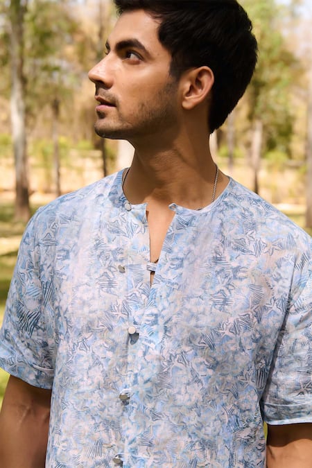 Philocaly Blue Linen Sirocco Printed Shirt Online at Aza Fashions Philocaly_Blue Linen Sirocco Printed Shirt_Online_at_Aza_Fashions