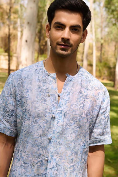 Buy Philocaly Blue Linen Sirocco Printed Shirt Online at Aza Fashions Buy_Philocaly_Blue Linen Sirocco Printed Shirt_Online_at_Aza_Fashions