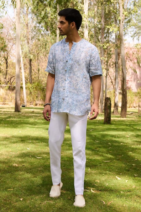 Shop Philocaly Blue Linen Sirocco Printed Shirt Online at Aza Fashions Shop_Philocaly_Blue Linen Sirocco Printed Shirt_Online_at_Aza_Fashions