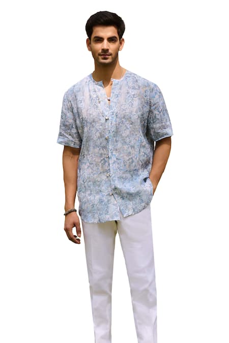 Philocaly Blue Linen Sirocco Printed Shirt at Aza Fashions Philocaly_Blue Linen Sirocco Printed Shirt_at_Aza_Fashions