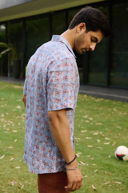 Buy_Philocaly_Blue Linen Embroidery Bloomy Floral Print Shirt _Online_at_Aza_Fashions