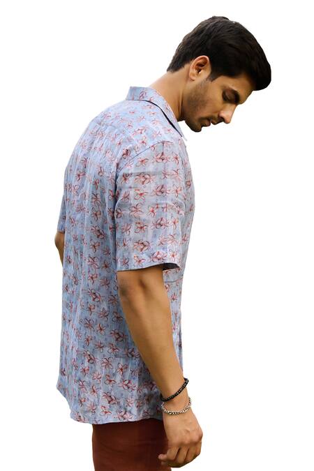 Shop_Philocaly_Blue Linen Embroidery Bloomy Floral Print Shirt _Online_at_Aza_Fashions