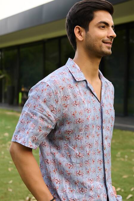 Buy_Philocaly_Blue Linen Embroidery Bloomy Floral Print Shirt 