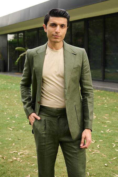 Shop_Philocaly_Green Linen Hunter Solid Trouser _at_Aza_Fashions