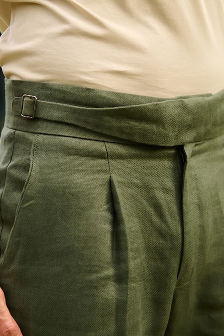 Philocaly_Green Linen Hunter Solid Trouser _Online_at_Aza_Fashions