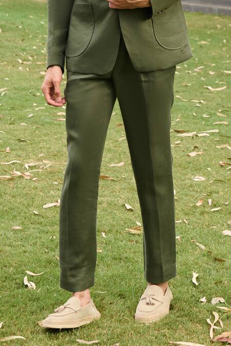 Shop_Philocaly_Green Linen Hunter Solid Trouser _Online_at_Aza_Fashions