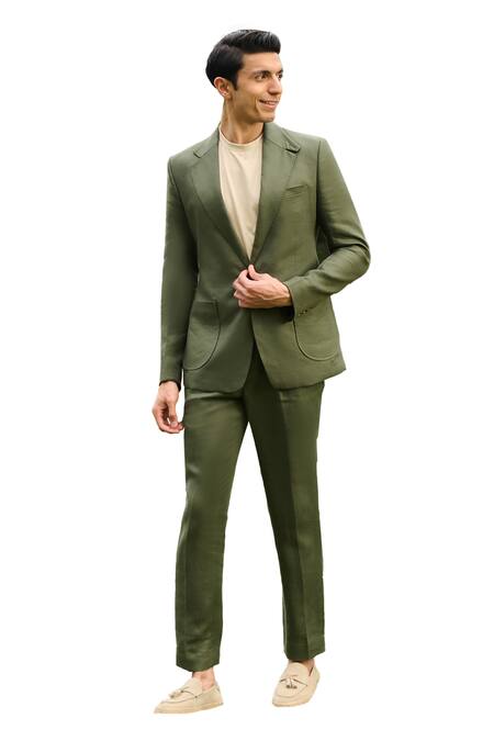 Philocaly_Green Linen Hunter Solid Trouser _at_Aza_Fashions