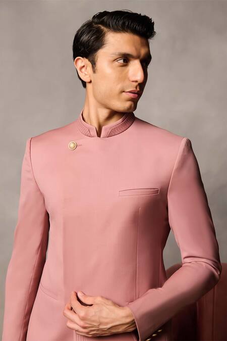 Philocaly_Pink Kshitij Asymmetric Hem Bandhgala _Online_at_Aza_Fashions