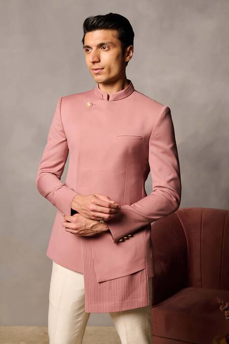 Shop_Philocaly_Pink Kshitij Asymmetric Hem Bandhgala _Online_at_Aza_Fashions