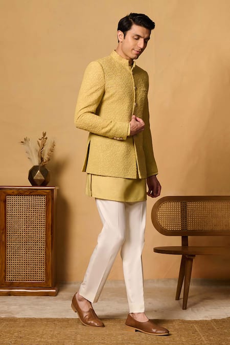 Philocaly Green Silk Embroidery Jivin Bandhgala at Aza Fashions Philocaly_Green Silk Embroidery Jivin Bandhgala _at_Aza_Fashions