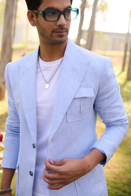 Philocaly_Blue Linen Celeste Blazer With Trouser_Online_at_Aza_Fashions