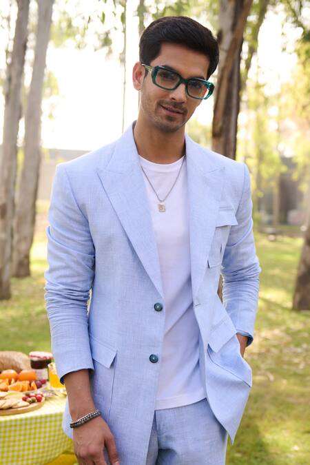 Buy_Philocaly_Blue Linen Celeste Blazer With Trouser_Online_at_Aza_Fashions