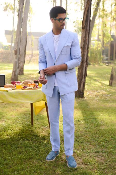 Shop_Philocaly_Blue Linen Celeste Blazer With Trouser_Online_at_Aza_Fashions