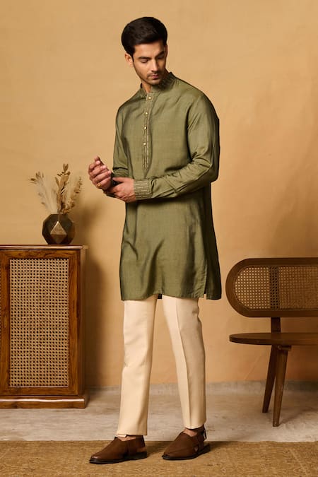 Philocaly_Green Cotton Embroidery Mehrab Straight Kurta _Online_at_Aza_Fashions
