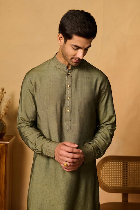 Buy_Philocaly_Green Cotton Embroidery Mehrab Straight Kurta _Online_at_Aza_Fashions