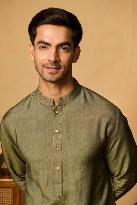 Philocaly_Green Cotton Embroidery Mehrab Straight Kurta _at_Aza_Fashions