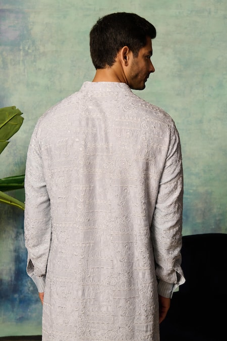 Shop Philocaly Blue Silk Embroidery Vyom Floral Kurta at Aza Fashions Shop_Philocaly_Blue Silk Embroidery Vyom Floral Kurta _at_Aza_Fashions