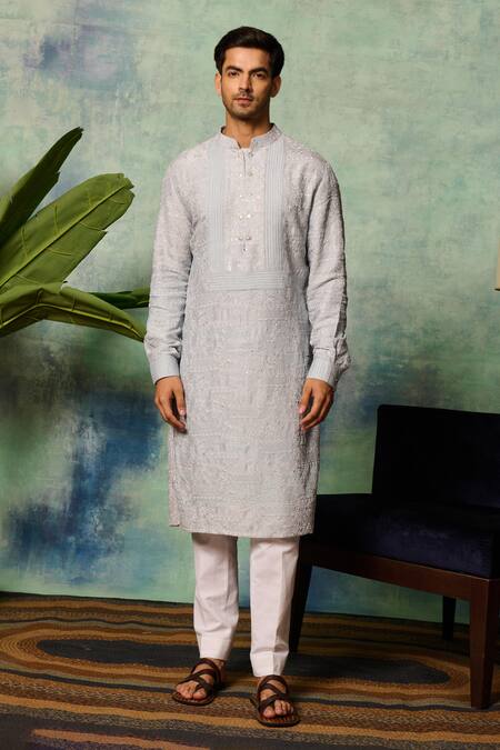 Philocaly Blue Silk Embroidery Vyom Floral Kurta Online at Aza Fashions Philocaly_Blue Silk Embroidery Vyom Floral Kurta _Online_at_Aza_Fashions