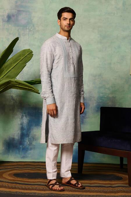 Shop Philocaly Blue Silk Embroidery Vyom Floral Kurta Online at Aza Fashions Shop_Philocaly_Blue Silk Embroidery Vyom Floral Kurta _Online_at_Aza_Fashions