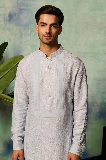 Philocaly Blue Silk Embroidery Vyom Floral Kurta at Aza Fashions Philocaly_Blue Silk Embroidery Vyom Floral Kurta _at_Aza_Fashions