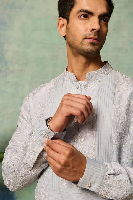 Shop Philocaly Blue Silk Embroidery Vyom Floral Kurta Shop_Philocaly_Blue Silk Embroidery Vyom Floral Kurta