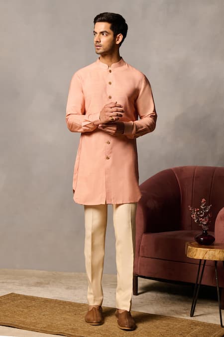 Philocaly_Peach Cotton, Silk Kesar Short Kurta _Online_at_Aza_Fashions