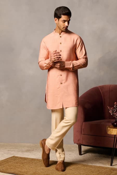 Buy_Philocaly_Peach Cotton, Silk Kesar Short Kurta _Online_at_Aza_Fashions