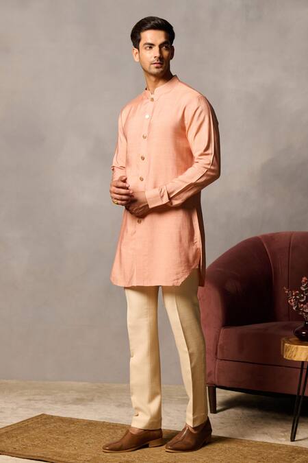 Shop_Philocaly_Peach Cotton, Silk Kesar Short Kurta _Online_at_Aza_Fashions
