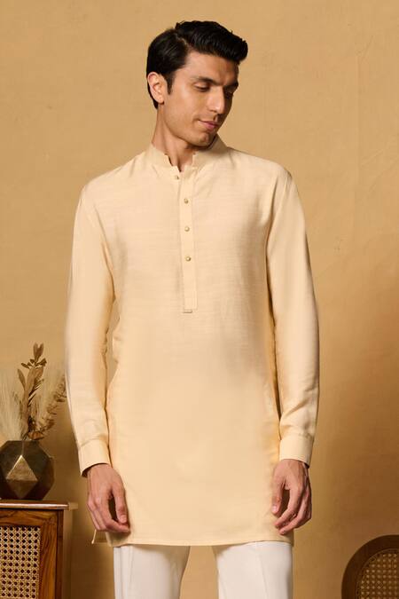 Philocaly_Yellow Cotton, Silk Panth Short Kurta _Online_at_Aza_Fashions