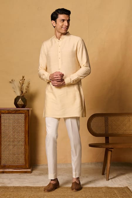 Shop_Philocaly_Yellow Cotton, Silk Panth Short Kurta _Online_at_Aza_Fashions
