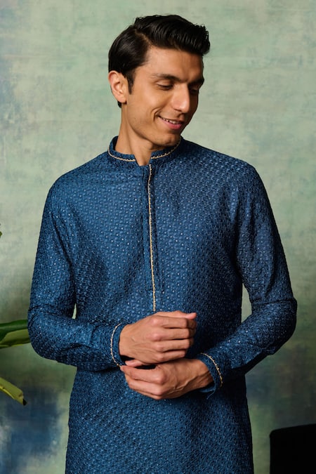 Philocaly Blue , Satin Embroidery Rayaan Kurta Online at Aza Fashions Philocaly_Blue , Satin Embroidery Rayaan Kurta _Online_at_Aza_Fashions