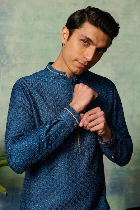 Shop Philocaly Blue , Satin Embroidery Rayaan Kurta Online at Aza Fashions Shop_Philocaly_Blue , Satin Embroidery Rayaan Kurta _Online_at_Aza_Fashions