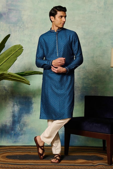 Philocaly Blue , Satin Embroidery Rayaan Kurta at Aza Fashions Philocaly_Blue , Satin Embroidery Rayaan Kurta _at_Aza_Fashions