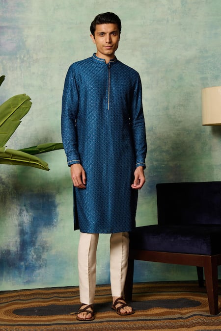 Shop Philocaly Blue , Satin Embroidery Rayaan Kurta Shop_Philocaly_Blue , Satin Embroidery Rayaan Kurta