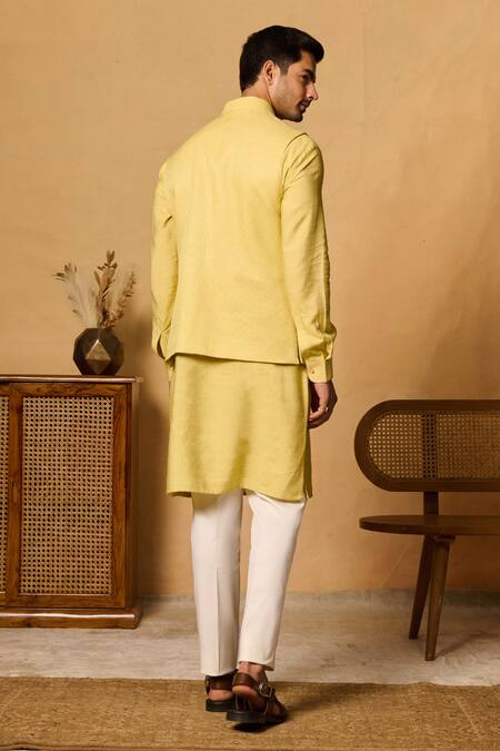 Shop_Philocaly_Yellow Silk Asymmetric Bundi Jacket _at_Aza_Fashions
