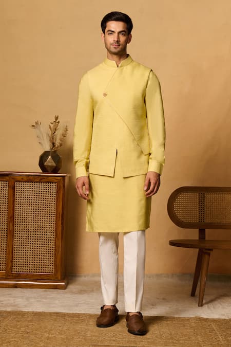 Philocaly_Yellow Silk Asymmetric Bundi Jacket _Online_at_Aza_Fashions