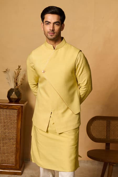 Buy_Philocaly_Yellow Silk Asymmetric Bundi Jacket _Online_at_Aza_Fashions