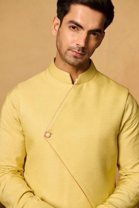 Philocaly_Yellow Silk Asymmetric Bundi Jacket _at_Aza_Fashions