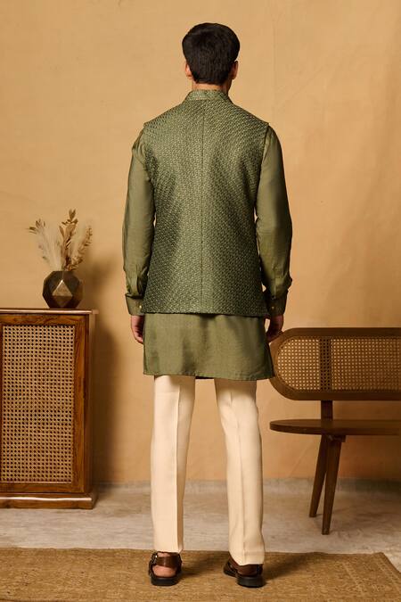 Philocaly Green Gold Dori Embroidered Bundi 