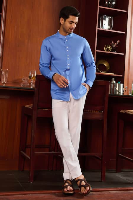 Philocaly Blue Cotton Solid Arquette Shirt 