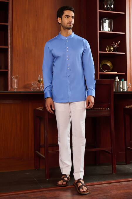 Shop_Philocaly_Blue Cotton Arquette Solid Shirt _at_Aza_Fashions