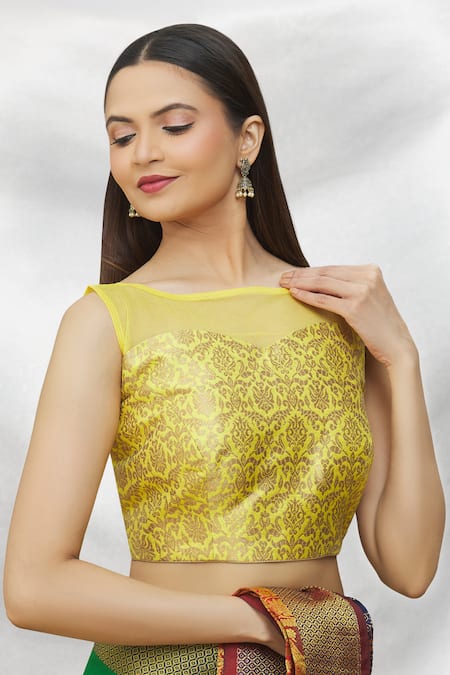 Nazaakat by Samara Singh - Yellow Art Silk Plain Leaf Neck Sleeveless  Blouse For Women