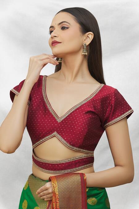 Samyukta Singhania_Maroon Silk Embroidery V-neck Cutout Blouse_at_Aza_Fashions