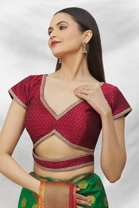 Samyukta Singhania_Maroon Silk Embroidery V-neck Cutout Blouse_Online_at_Aza_Fashions