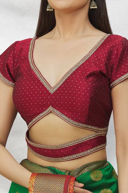Shop_Samyukta Singhania_Maroon Silk Embroidery V-neck Cutout Blouse_Online_at_Aza_Fashions