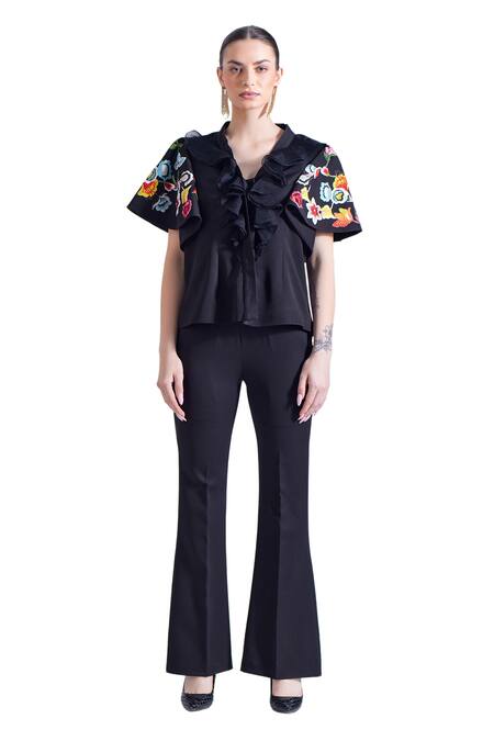 Zosia_Black Crepe, Lycra Embroidery V-neck Antonio Ruffled Top And Pant Set _Online_at_Aza_Fashions