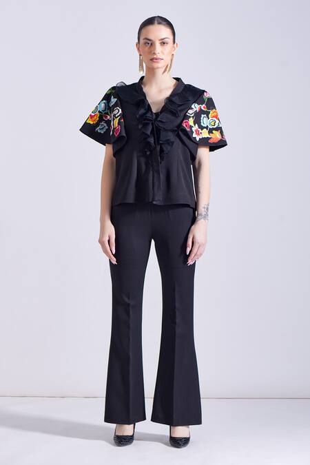 Buy_Zosia_Black Crepe, Lycra Embroidery V-neck Antonio Ruffled Top And Pant Set _Online_at_Aza_Fashions