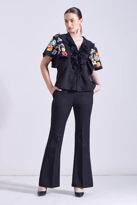 Zosia_Black Crepe, Lycra Embroidery V-neck Antonio Ruffled Top And Pant Set _at_Aza_Fashions