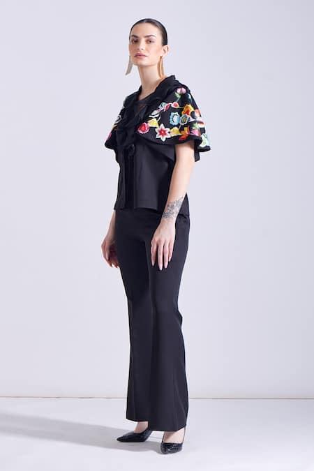Buy_Zosia_Black Crepe, Lycra Embroidery V-neck Antonio Ruffled Top And Pant Set 
