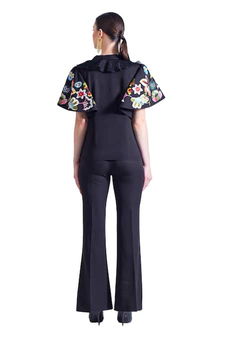 Shop_Zosia_Black Crepe, Lycra Embroidery V-neck Antonio Ruffled Top And Pant Set 